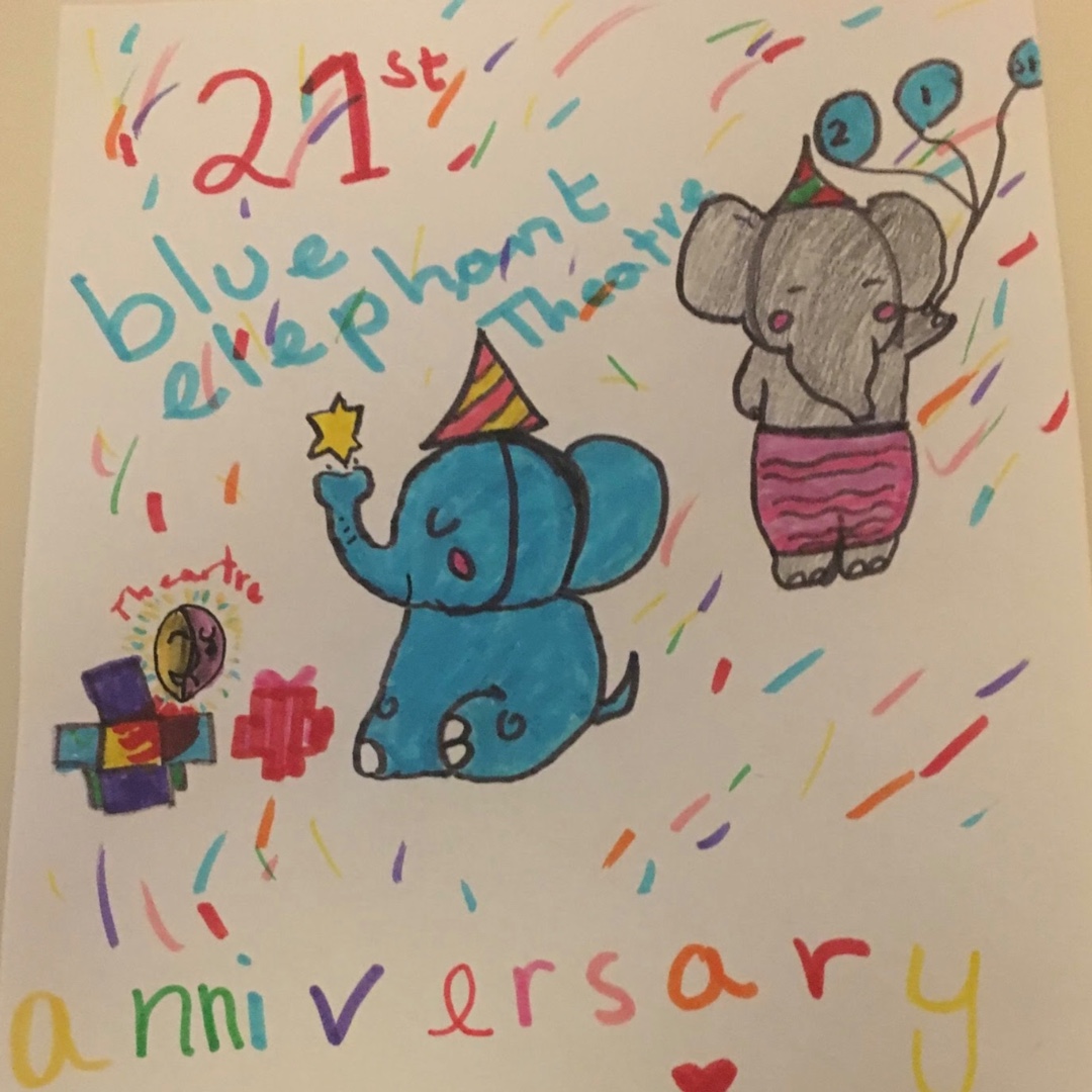 Over 10's entry reading 21st anniversary Blue Elephant Theatre, with a blue elephant in a party hat in the centre